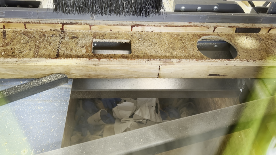 View of an I-Joist with a hole in it, after being routed out by the Badger EWP Processing Center